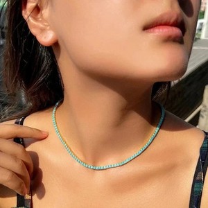 Authentic 20TCW Round Cut Lab Created Turquoise Tennis Necklace 14k Yellow Gold Plated