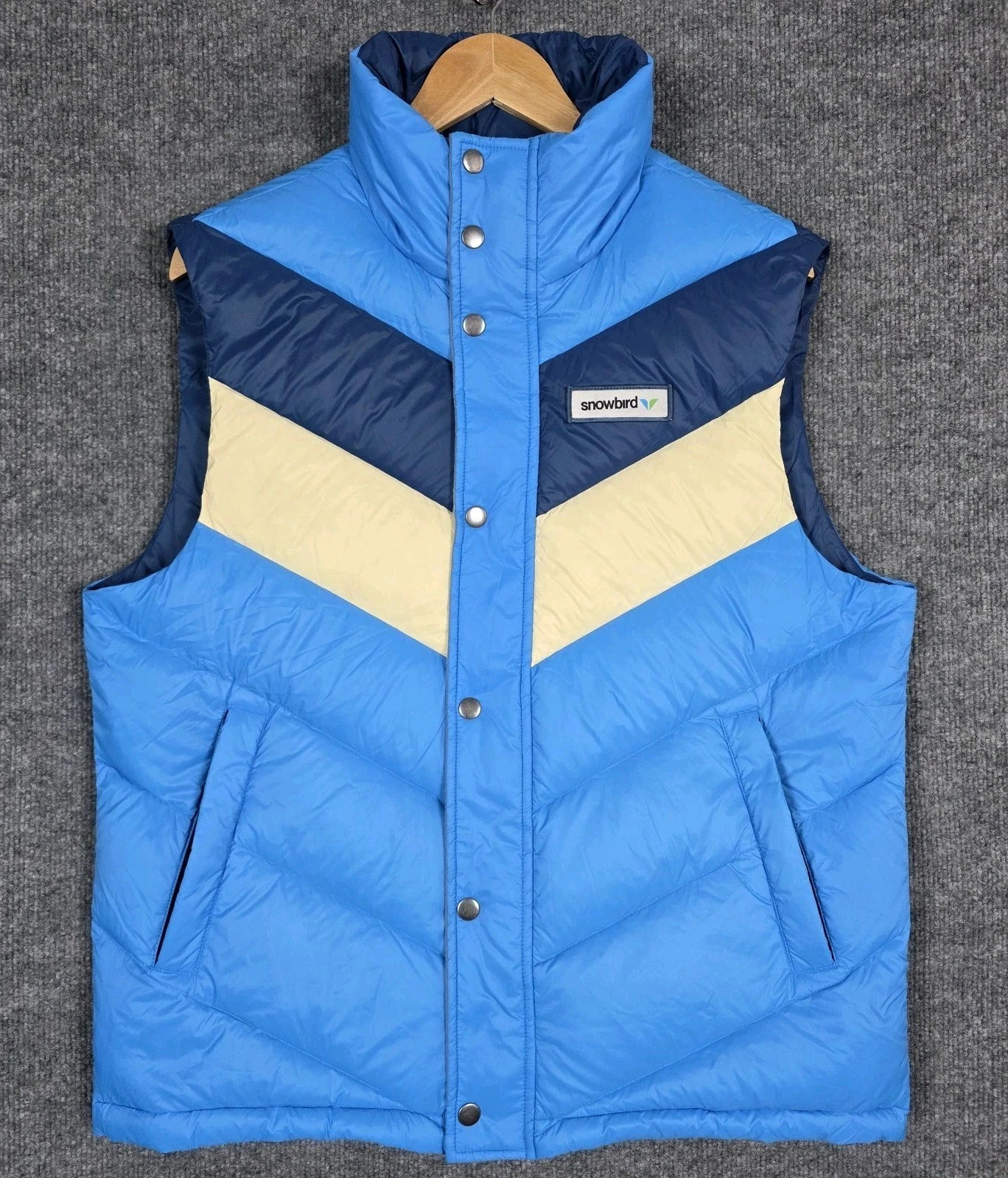 Snowbird 50th Anniversary Down Vest Mens Medium Blue Chevron Puffer Retro Stripe