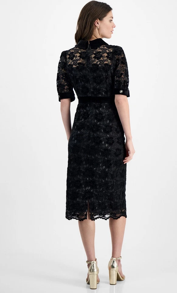 Vestido preto de renda com botões na frente e gola de veludo e mangas folhadas - Imagem 3 de 4