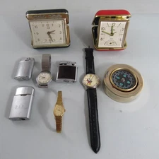 Junk Drawer Lot Travel Clocks Compass Watches Lighters