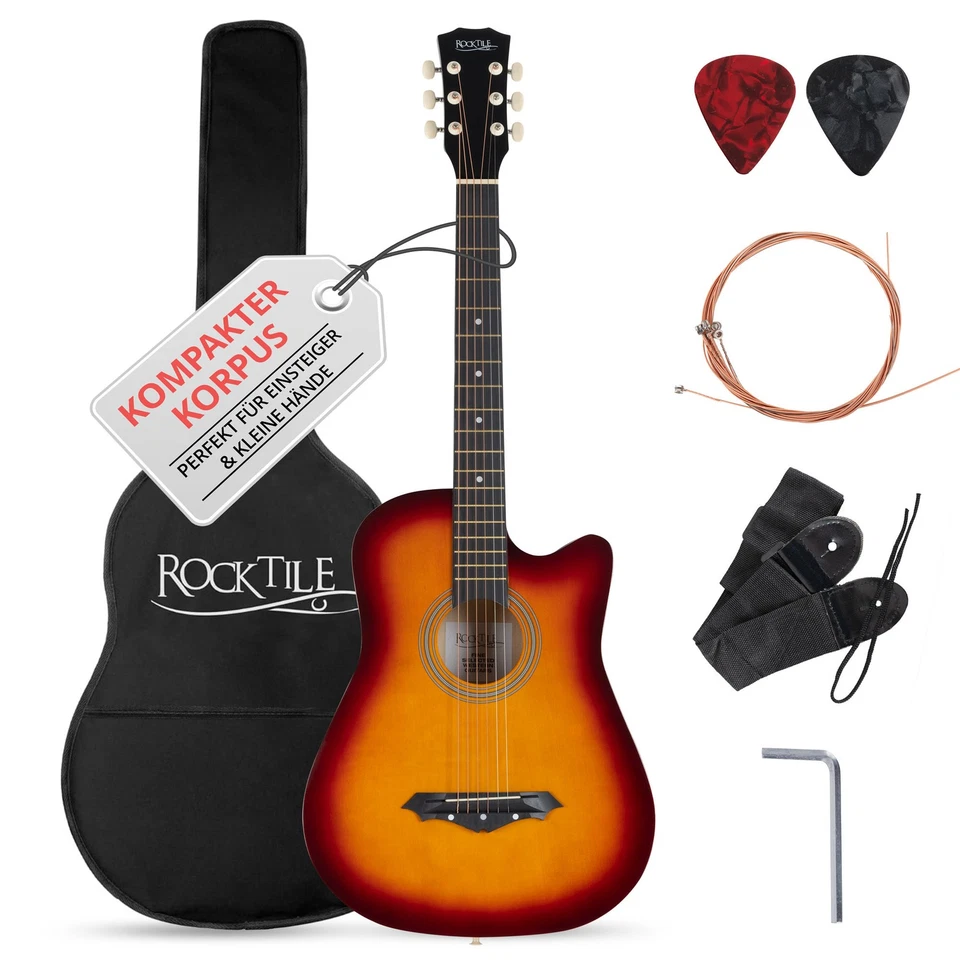 Pack Guitare Acoustique Folk Cordes Dreadnought Cutaway Petit Sunburst Set Etui - Photo 1/4