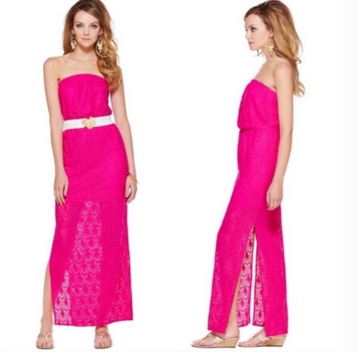 Lilly Pulitzer Magenta Emmett Lace Maxi Dress Strapless XS Tropical Beach Summer