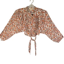 Cynthia Rowley Women's White Orange Floral Tie Front Blouse Top Size L