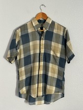 Men  s Vintage Button Up Short Sleeve Shirt 60s-70s Plaid S/M
