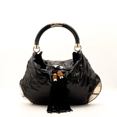 Sac Gucci Indy Hobo Cuir verni Noir Vintage Authentique - Photo 1/4