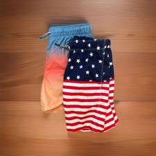 Lot of 2 Boys Swim Trunks Large 10/12 Cat Jack Art Class Patriotic Blue Orange