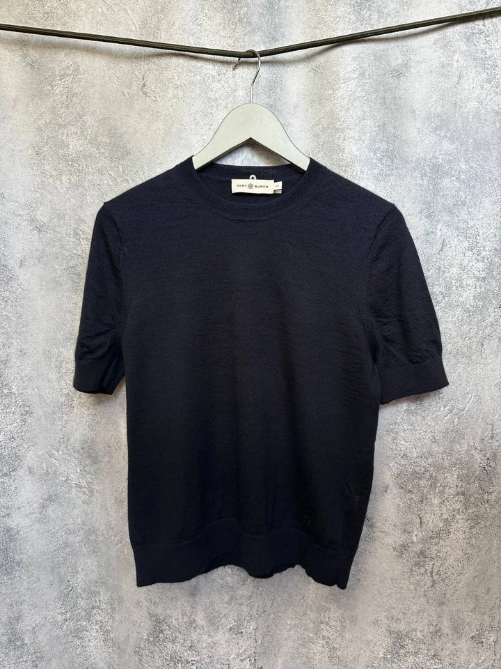Haut pull manches courtes Tory Burch 100 % cachemire bleu marine femme taille L - Photo 2/4