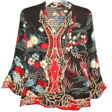 Citron Santa Monica 100% Silk Blouse Top Black Red Blue Floral Size XS Flaws