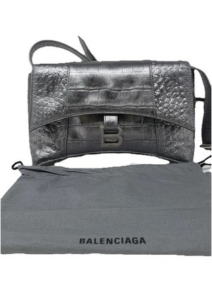 BALENCIAGA Small Downtown Croc Embossed Leather Shoulder Women Bag silver Color