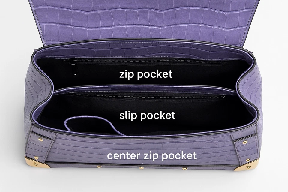 Satchel Bag Purse Handbag Lavender Croc Embossed Gold Stud Lock/Key Structured - Image 4 of 4