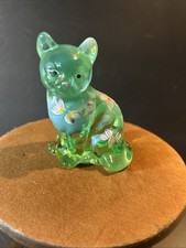 Fenton Glass Green Glossy Sitting Cat Hand Painted Floral Signed S Massey 3.5  