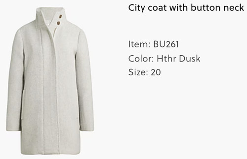 j crew factory City coat with button neck size 20W