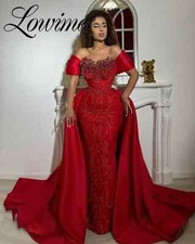 Elegant Red Mermaid Long Evening Gown Customize Prom Dress With Detachable Train