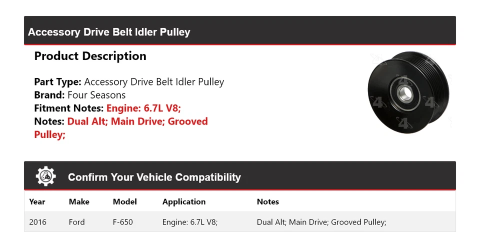 Para Ford F-650 2016 6,7 L V8 accesorio correa de transmisión polea loca 4 estaciones Foto 2 de 4