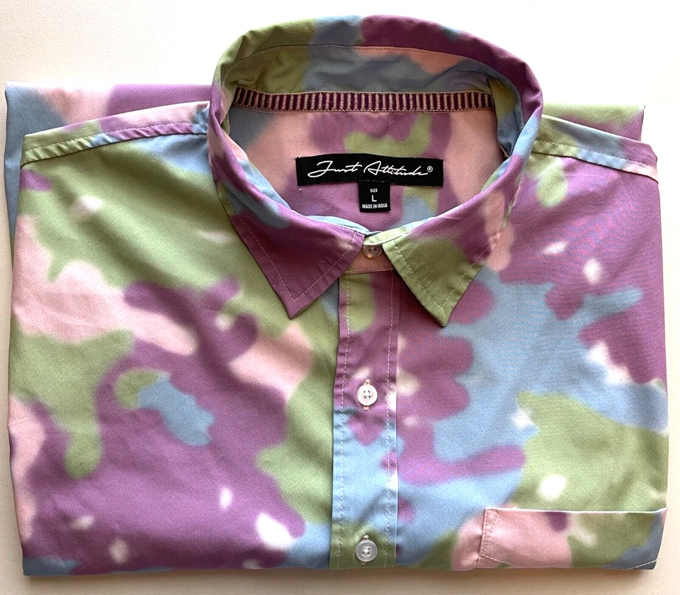 JUST ATTITUDE SS button shirt men size Large bright multicolor camo style print - Image 3 of 4