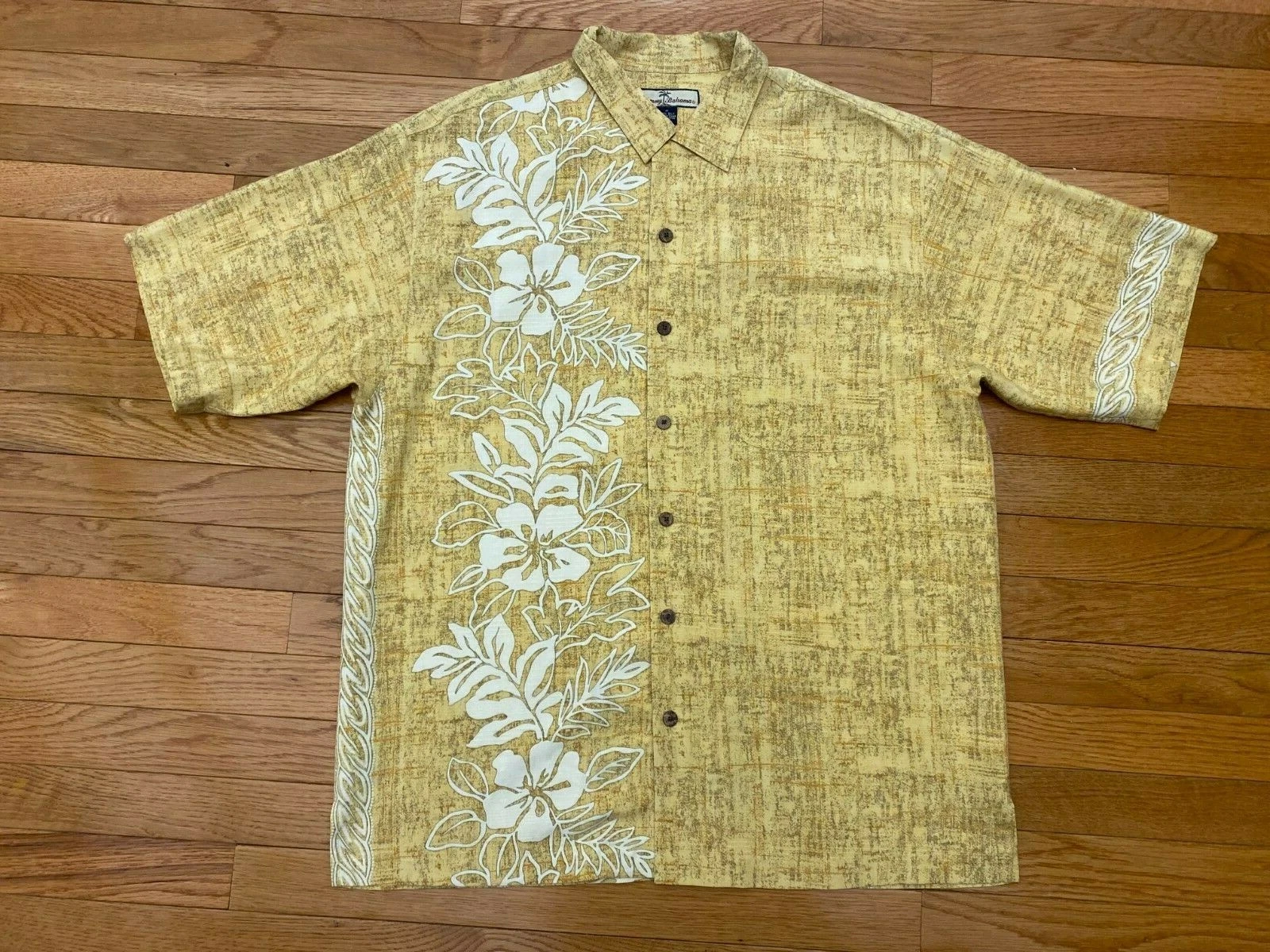 Tommy Bahama Yellow Floral Palm Leaf Hawaiian Aloha Shirt Cotton Silk Size M