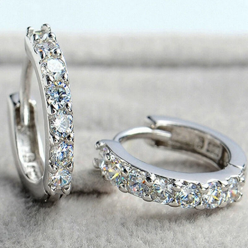 Orecchini a Cerchio Uomo Donna Placcato Rodiato Argento 925 con Strass Zirconi - - Immagine 3 di 3