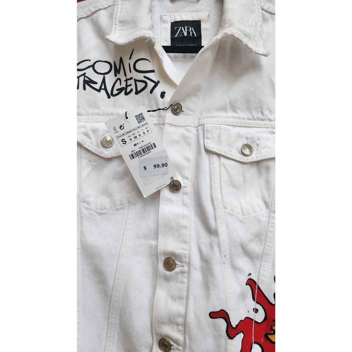 Men's NWT Zara White Denim Jacket Comic Tragedy Small | eBay