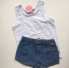 Tank Top Shorts Outfit Set Girls Sz 5 White Embroidery Blue Chambray Summer NWT