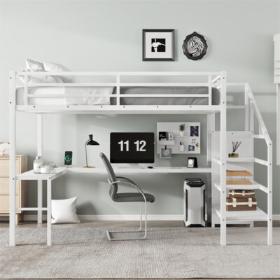 Queen Size Loft Bed with L-shaped Desk USB Metal Loft Bed for Kids Teens Adults