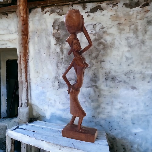 African Wooden Woman Figure Hand Carved Tribal Sculpture Carrying Jug Ethnic Vtg - Picture 16 of 18