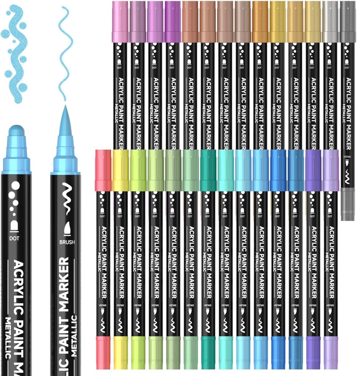 Shuttle Art Dual Tip Metallic Acrylic Paint Pens, 28 Colours Dot