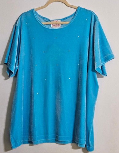 Quacker Factory 2X Ladies Scoop Neck Short Sleeve Emblished Turquoise Blue Top - Picture 3 of 10