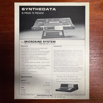 VINTAGE SYNTHDATA MICROSINE SYSTEM SPEC SHEET
