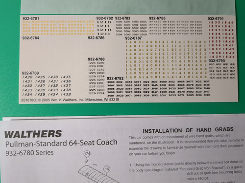 HO scale DECALS for Walthers PS 64-seat Coach Passenger Cars 932- 6780 series