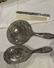 Vintage 3 Piece Vanity Set Hand Mirror Brush Comb Silver Plated Mint Hong Kong
