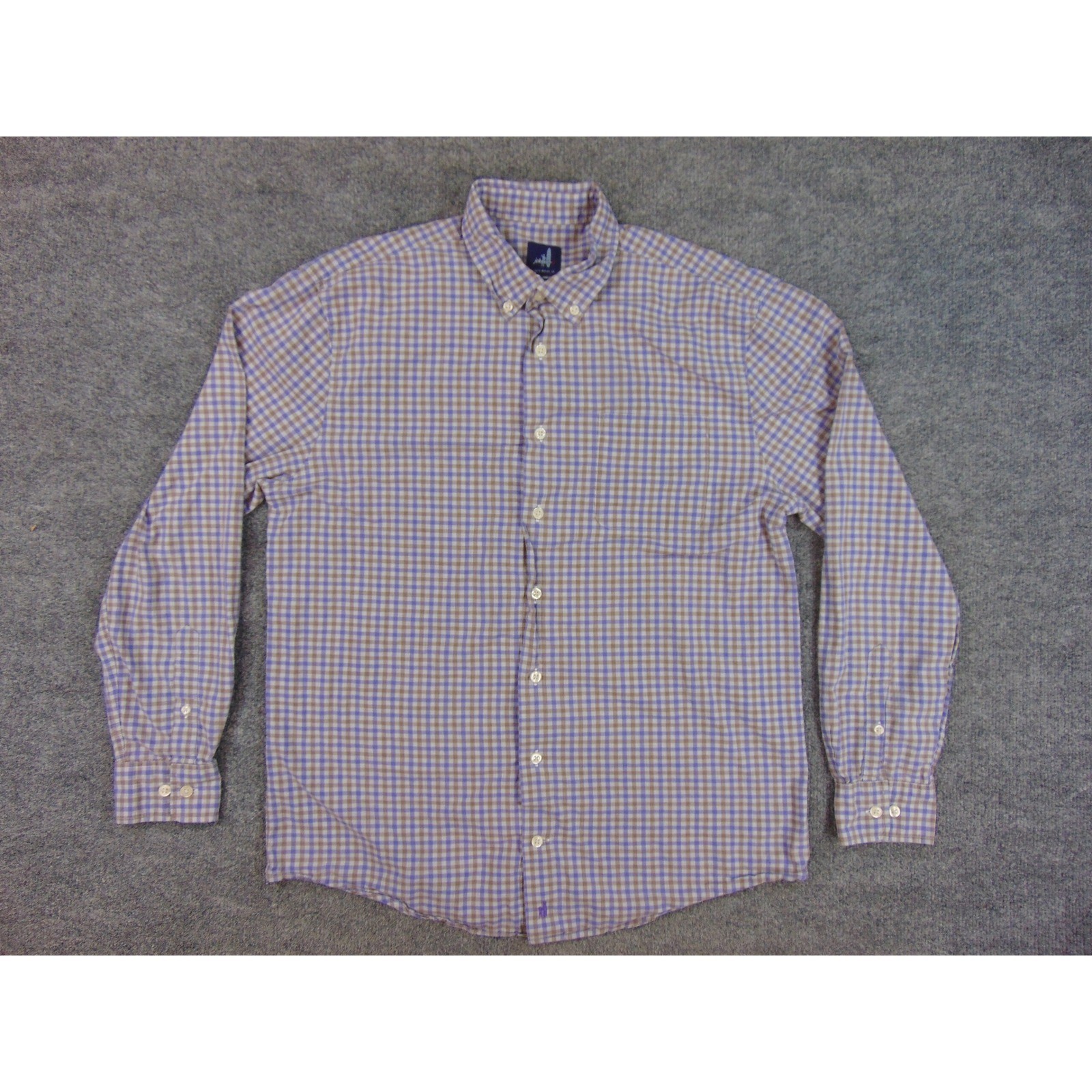 johnnie-O Shirt Mens Med Button Down Blue Brown Gingham Plaid Long Sleeve Preppy