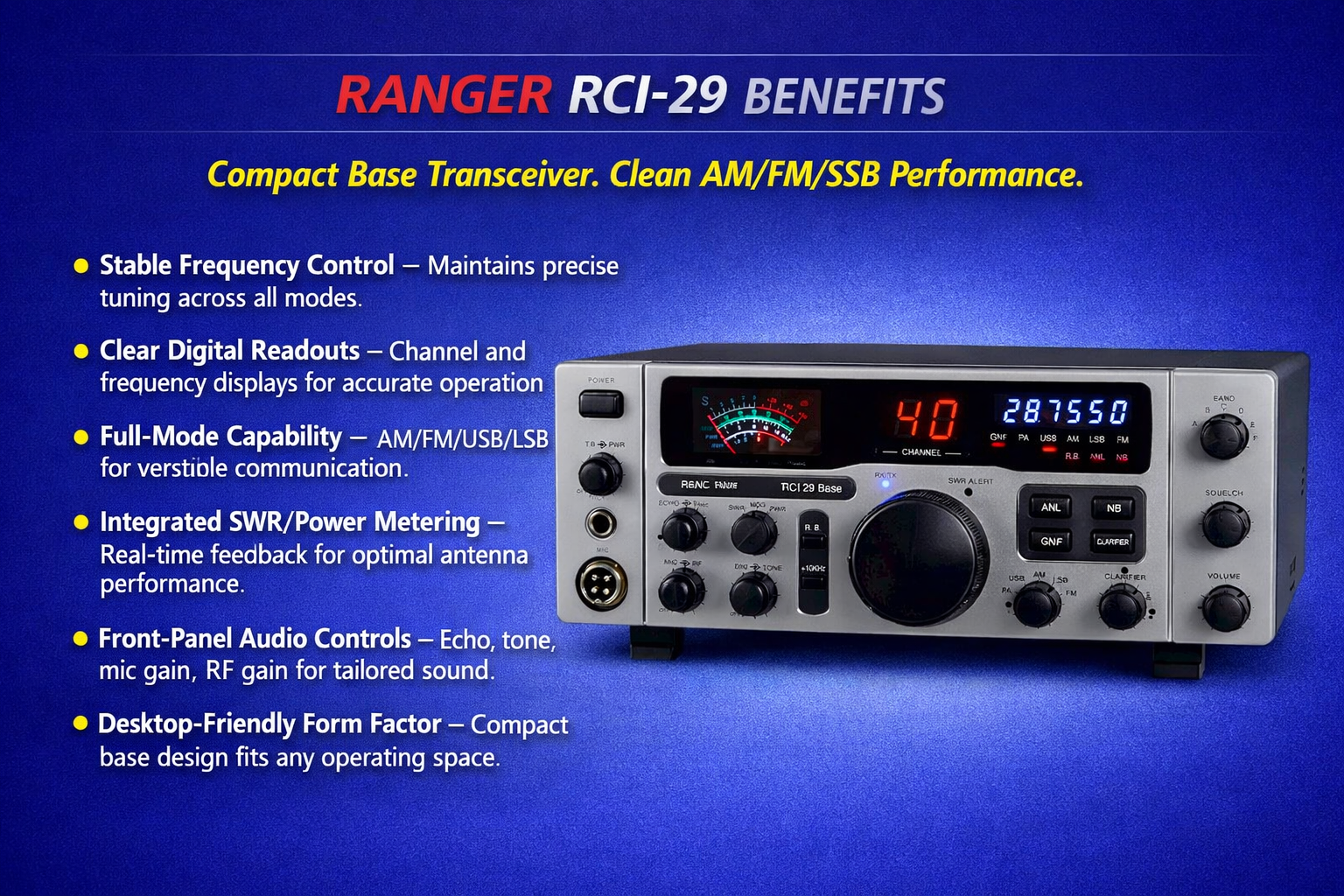 Ranger Rdi Ranger RCI‑29, 80W, 10 Meter Midframe Base Station Radio AM FM USB LSB ...