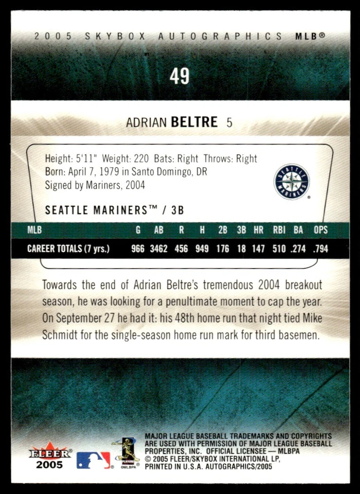 2005 SkyBox Autographics Adrian Beltre Seattle Mariners #49 - Image 2 of 2