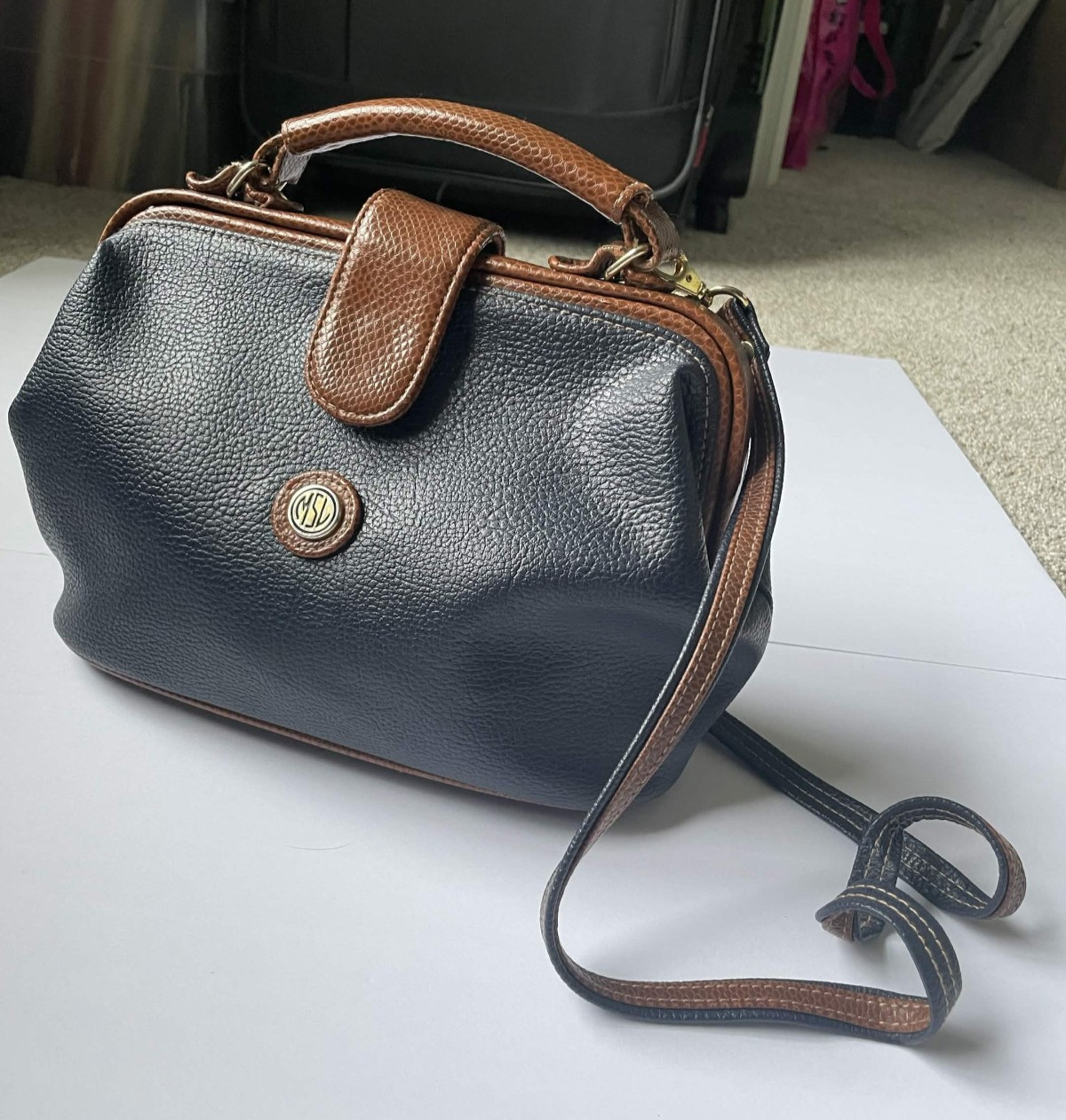 Vintage Navy Pebbled Leather Crossbody Satchel Cognac Brown Snakeskin Trim