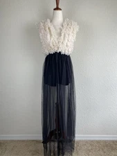 Klesis L Maxi Dress Sheer Ruffle Tulle Black Formal Edgy Artsy Plunge Sleeveless