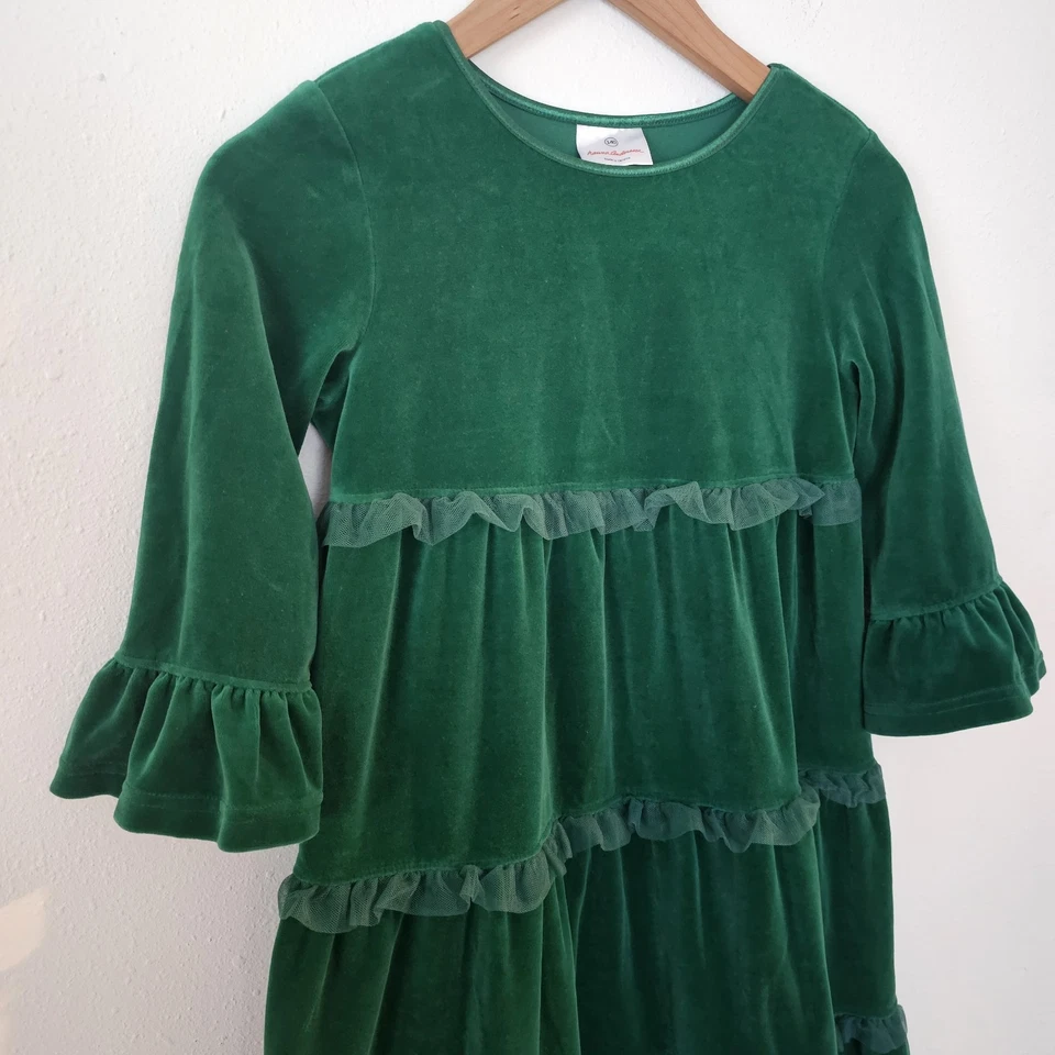Hanna Anderson Green Velvet Tiered Empire Dress Girls Sz 140 (10) Holiday - Image 2 of 4