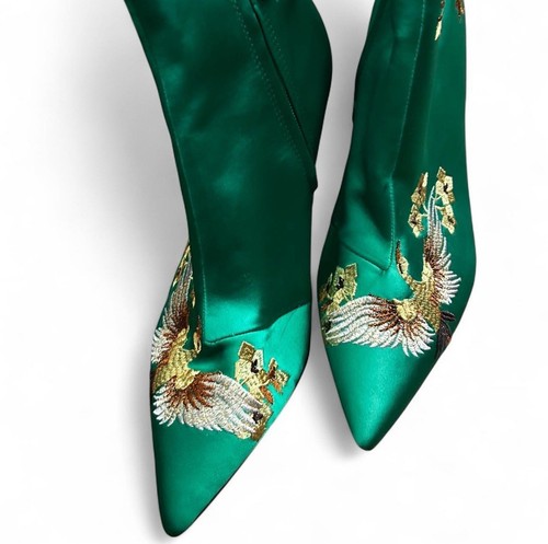 Zara Satin Green Floral Bird Embroidered Heel Pointed Toe Boots Size 40 / 9.5 - Picture 7 of 7