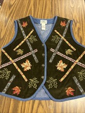 VTG Koret City Blues Velvet Denim Vest Womens Petite SmAutumn Embroidered Leaves