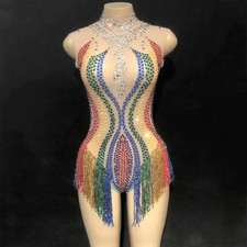 Women Tassel Mesh Colorful Rhinestones Perspective Fringes Bodysuit Stage Wear
