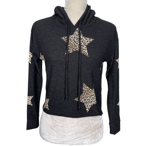 Chaser Leopard Animal Print Star Print Gray Hoodie Women’s Size XS Cropped - Picture 2 of 9