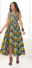 Size 10 Ashro Blue Yellow Black Summer Church Party Laqueta Overlay Skirt Dress