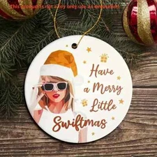 TAYLOR SWIFT INSPIRED CHRISTMAS ORNAMENT~ROUND~ACRYLIC~SMALL GOLD BRAIDED CORD