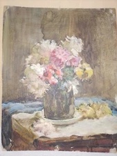 Painting, floral still life, cardboard oil .  Author I. Horovy 1950s