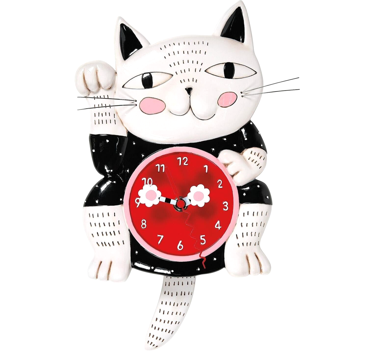 ✤ New ALLEN DESIGNS Wall Clock WAVING LUCKY CAT Swing Tail