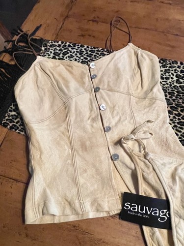 CHAMOIS LEDER LAMMFELL STRING BIKINI TOP SET SAVAGE VINTAGE Y2K MED NEU RAR - Bild 2 von 24