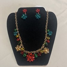 Christmas Bow Necklace  Pierced Earring Set Red, Green  Gold tone Set