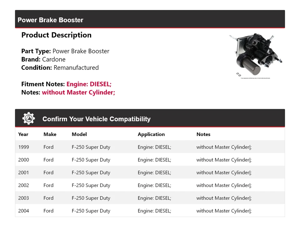 Para Ford F-250 Super Duty 1999-2004 Diesel Power Brake Booster Cardone 2000 2001 Foto 2 de 3