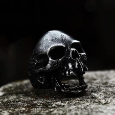 Retro Gray Plated Death Skull Ring Stainless Steel Men Vintage Skull Biker Ring