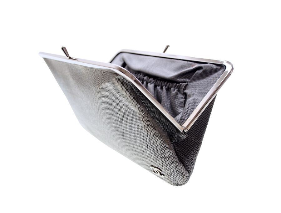 CHANEL Silver Gray Clutch Bag CC Logo Nylon Used VG Item CHANEL Silver Gray Clutch Bag CC Logo Nylon Used VG Item