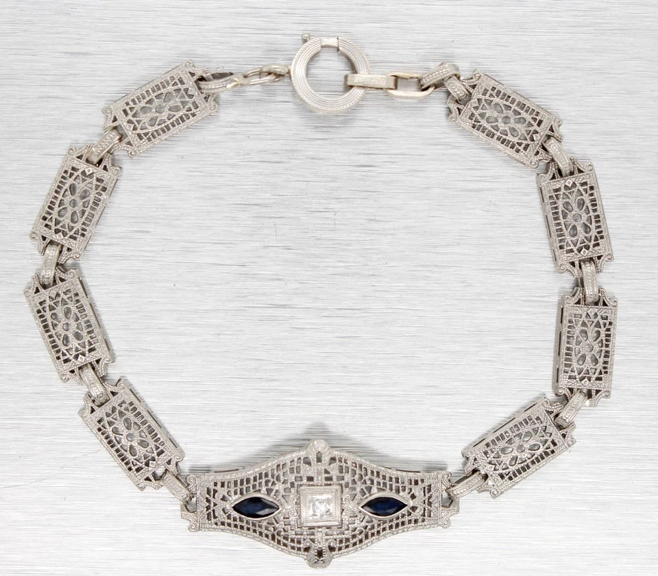 Antique Art Deco Diamond & Sapphire Filigree Bracelet - 14k White Gold - 7” - Image 2 of 4